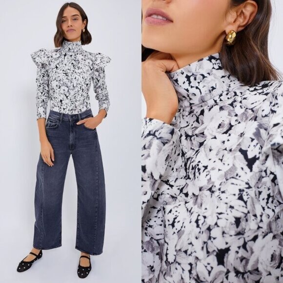 Tuckernuck NEW Gray Gardens Floral Long Sleeve Mock Neck Bowden Top Size M - Picture 3 of 7